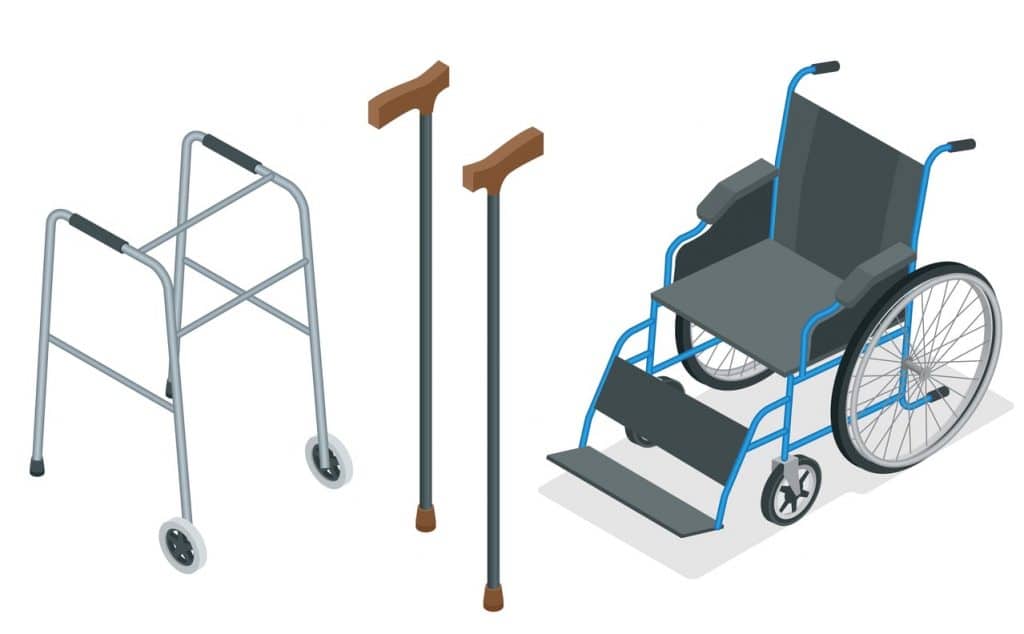 walker, cane, wheelchair